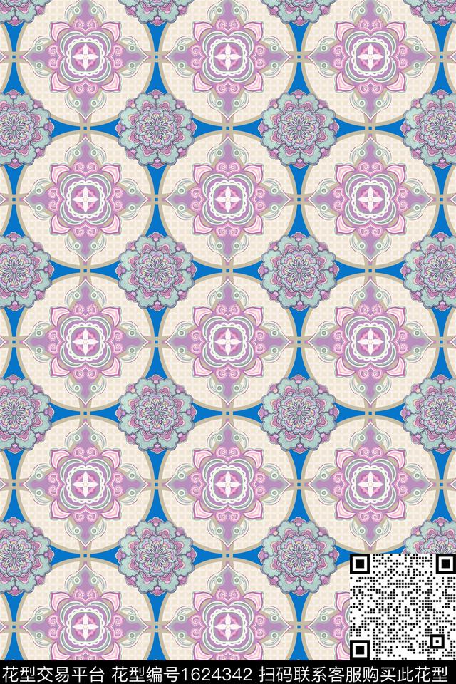 中国风旗袍圆形装饰纹数码印花华亿平台下载（图片编号: 1624342） - 瓦栏（Walan）