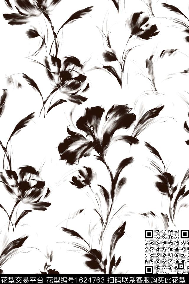 水墨风花纹黑白华亿平台数码印花华亿平台下载（图片编号: 1624763） - 瓦栏（Walan）