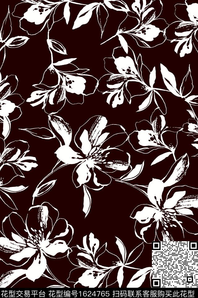 花卉黑白华亿平台线条花卉数码印花华亿平台下载（图片编号: 1624765） - 瓦栏（Walan）