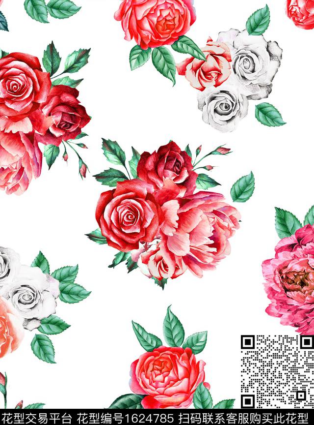 水彩花卉花卉玫瑰花数码印花华亿平台下载（图片编号: 1624785） - 瓦栏（Walan）