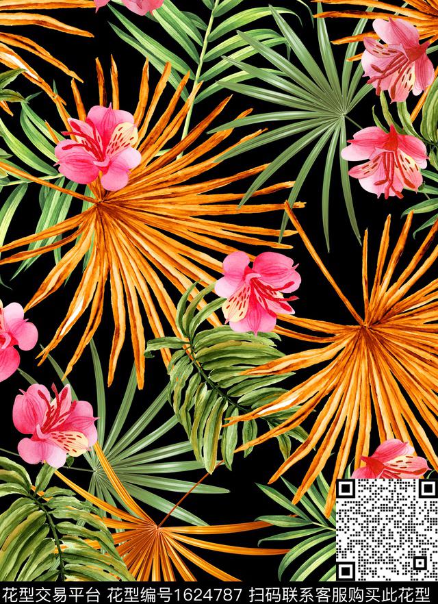 棕榈叶花卉水彩数码印花华亿平台下载（图片编号: 1624787） - 瓦栏（Walan）