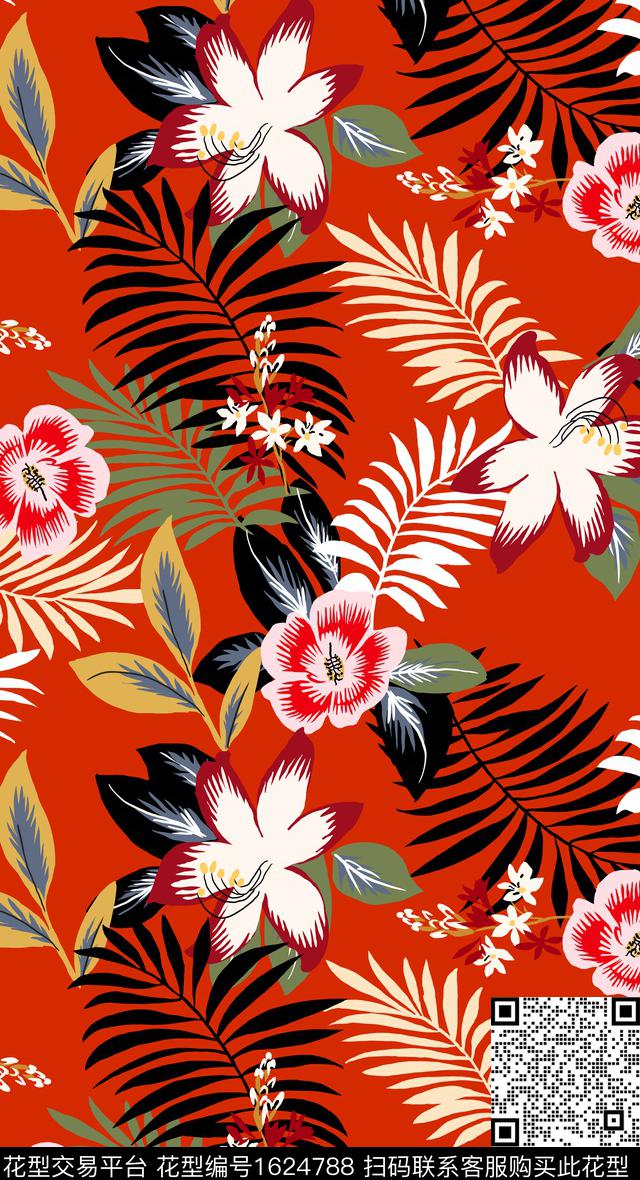 花卉剪影叶子传统印花华亿平台下载（图片编号: 1624788） - 瓦栏（Walan）