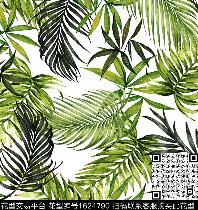 水彩绿色热带数码印花华亿平台下载（图片编号: 1624790） - 瓦栏（Walan）