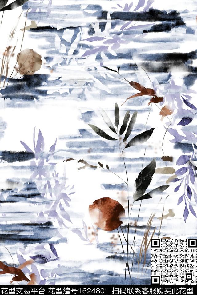 中国风水墨条纹绿植树叶数码印花华亿平台下载（图片编号: 1624801） - 瓦栏（Walan）