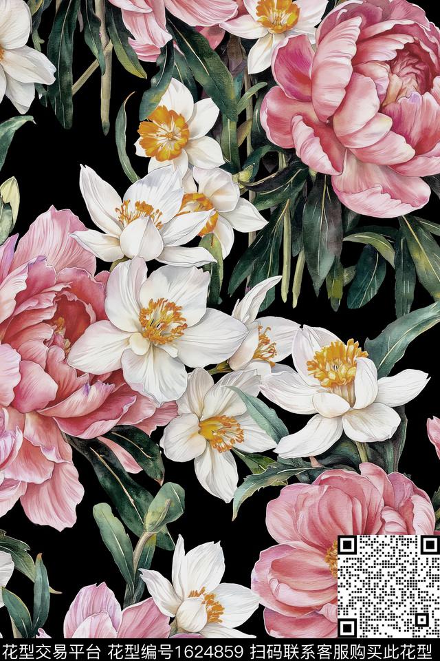 大花黑底花卉水彩花卉数码印花华亿平台下载（图片编号: 1624859） - 瓦栏（Walan）