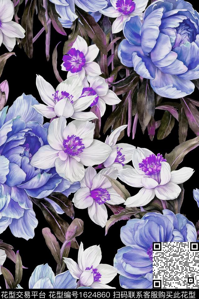 大花黑底花卉手绘大花数码印花华亿平台下载（图片编号: 1624860） - 瓦栏（Walan）
