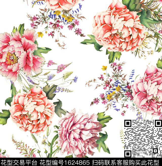 花卉水彩花卉白底花数码印花华亿平台下载（图片编号: 1624865） - 瓦栏（Walan）