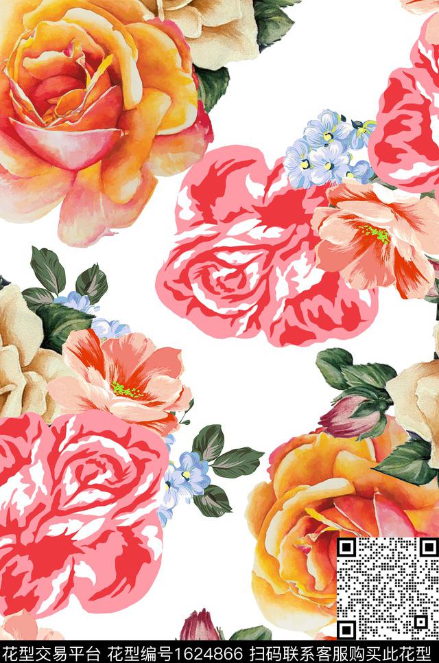 花卉大花白底花数码印花华亿平台下载（图片编号: 1624866） - 瓦栏（Walan）