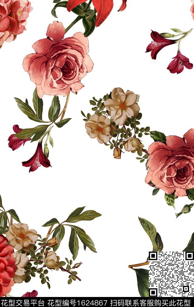 花卉白底花复古数码印花华亿平台下载（图片编号: 1624867） - 瓦栏（Walan）