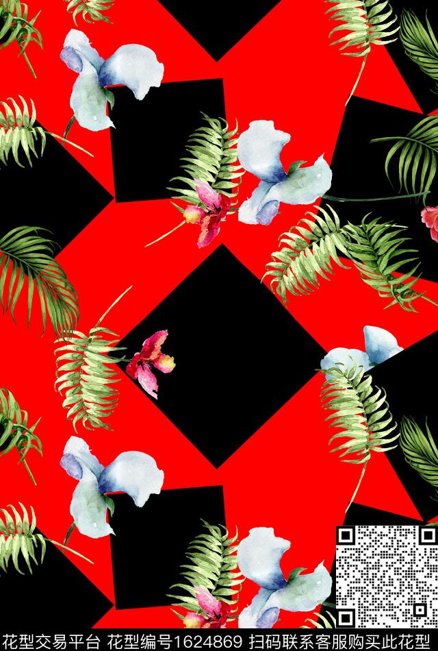 花卉水彩花卉几何数码印花华亿平台下载（图片编号: 1624869） - 瓦栏（Walan）