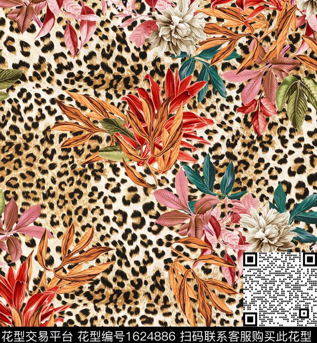 花卉叶子豹纹数码印花华亿平台下载（图片编号: 1624886） - 瓦栏（Walan）