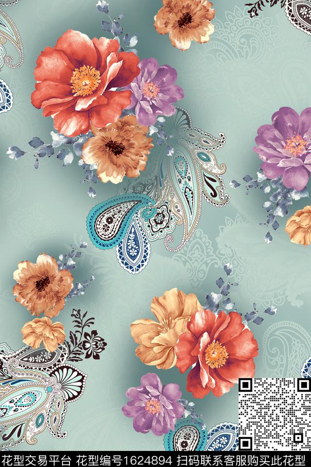 花卉水彩花卉佩斯利数码印花华亿平台下载（图片编号: 1624894） - 瓦栏（Walan）