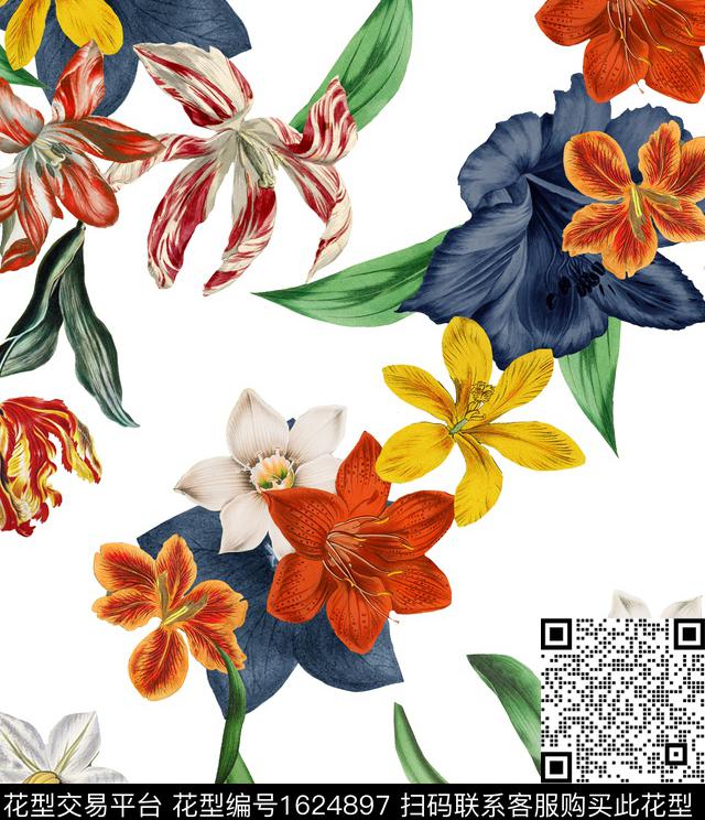 花卉白底花水彩花卉数码印花华亿平台下载（图片编号: 1624897） - 瓦栏（Walan）