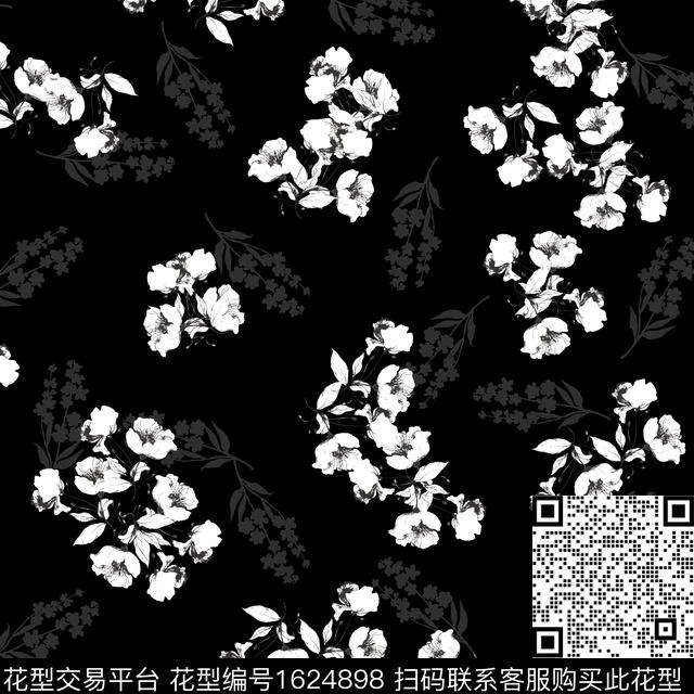 影花黑底花卉花卉传统印花华亿平台下载（图片编号: 1624898） - 瓦栏（Walan）