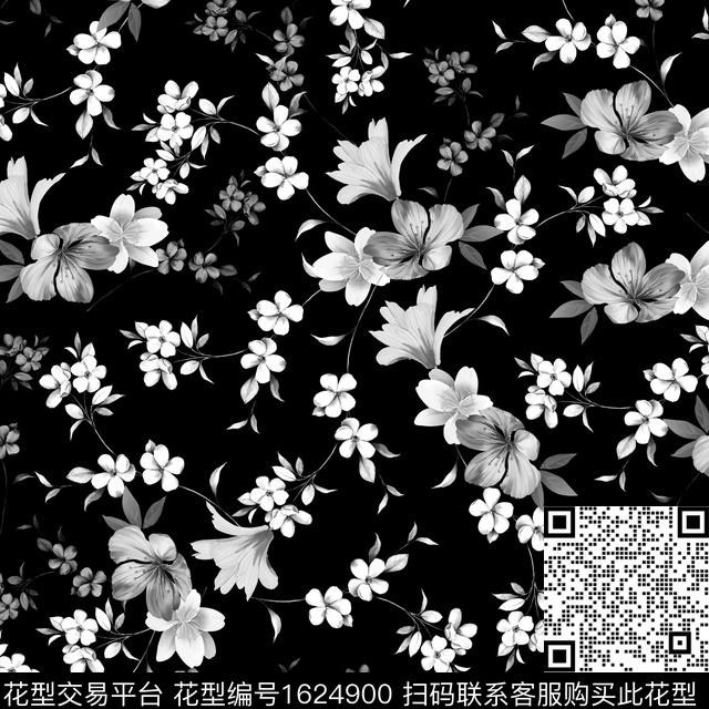 黑底花卉花卉小碎花数码印花华亿平台下载（图片编号: 1624900） - 瓦栏（Walan）