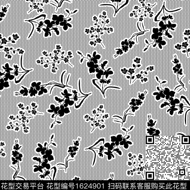 花卉小碎花黑白华亿平台传统印花华亿平台下载（图片编号: 1624901） - 瓦栏（Walan）