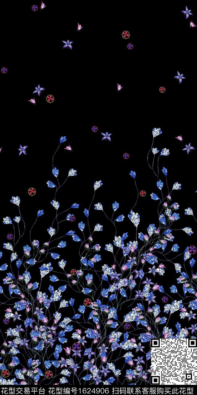 定位花黑底花卉花卉数码印花华亿平台下载（图片编号: 1624906） - 瓦栏（Walan）