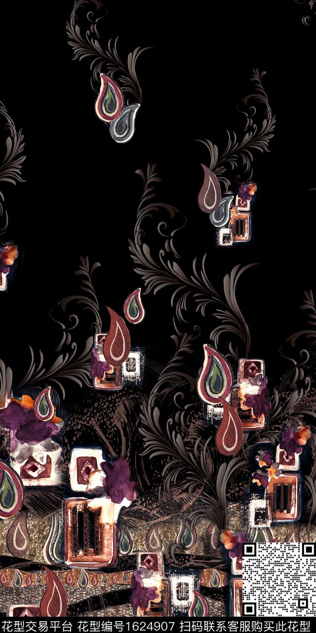 定位花民族风卷草数码印花华亿平台下载（图片编号: 1624907） - 瓦栏（Walan）