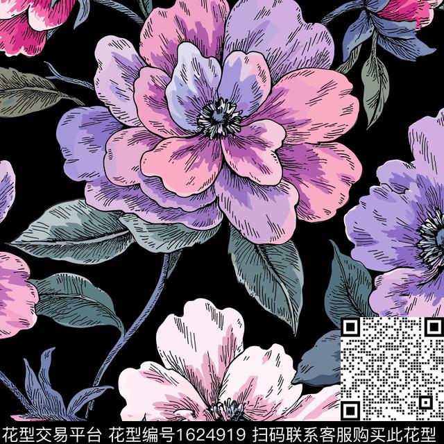 大花黑底花卉花卉传统印花华亿平台下载（图片编号: 1624919） - 瓦栏（Walan）