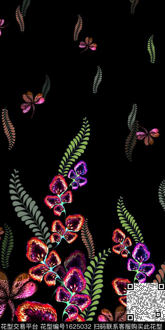 定位花黑底花卉花卉数码印花华亿平台下载（图片编号: 1625032） - 瓦栏（Walan）