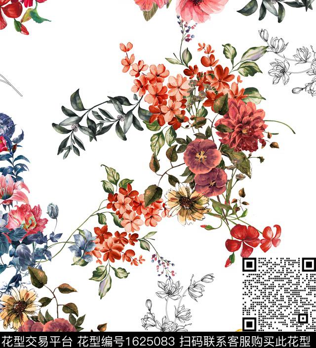花卉白底花水彩花卉数码印花华亿平台下载（图片编号: 1625083） - 瓦栏（Walan）