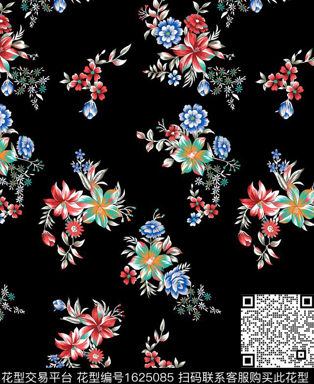 花卉黑底花卉碎花传统印花华亿平台下载（图片编号: 1625085） - 瓦栏（Walan）