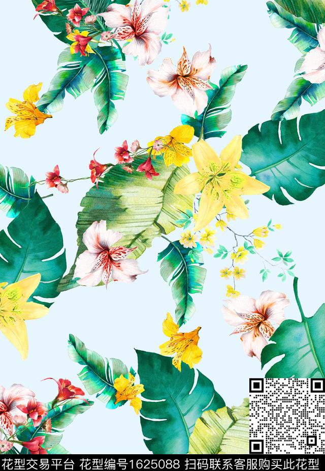 水彩花卉热带华亿平台花卉数码印花华亿平台下载（图片编号: 1625088） - 瓦栏（Walan）