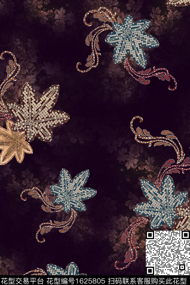 民族风卷草绿植树叶数码印花华亿平台下载（图片编号: 1625805） - 瓦栏（Walan）