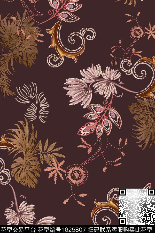 民族风卷草绿植树叶数码印花华亿平台下载（图片编号: 1625807） - 瓦栏（Walan）