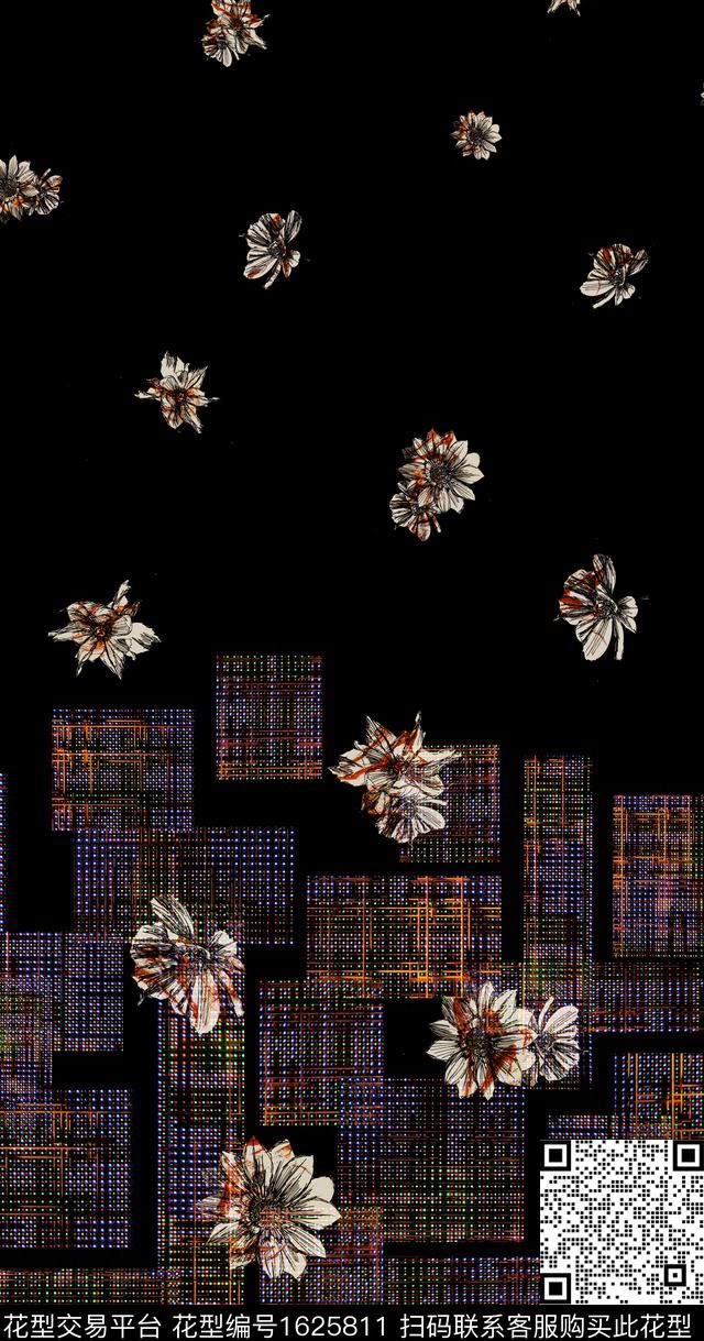 定位花黑底花卉花卉数码印花华亿平台下载（图片编号: 1625811） - 瓦栏（Walan）