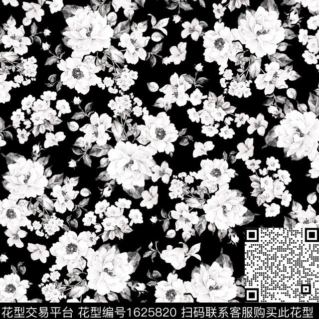 黑底花卉花卉水彩花卉数码印花华亿平台下载（图片编号: 1625820） - 瓦栏（Walan）