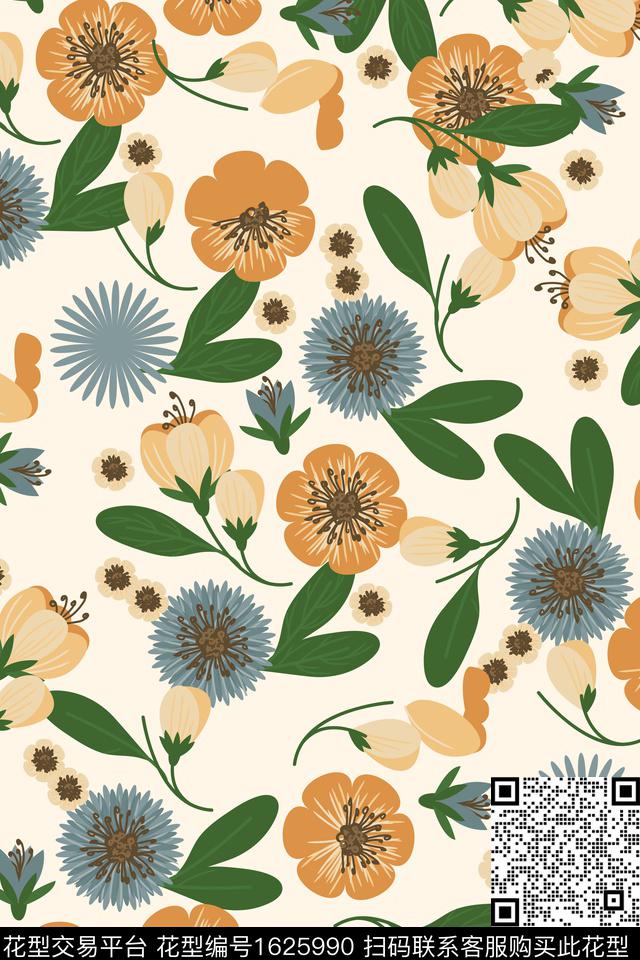 花卉满版散花清爽底花卉数码印花华亿平台下载（图片编号: 1625990） - 瓦栏（Walan）