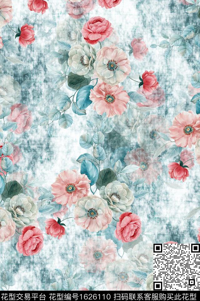 花卉水彩花卉扎染数码印花华亿平台下载（图片编号: 1626110） - 瓦栏（Walan）
