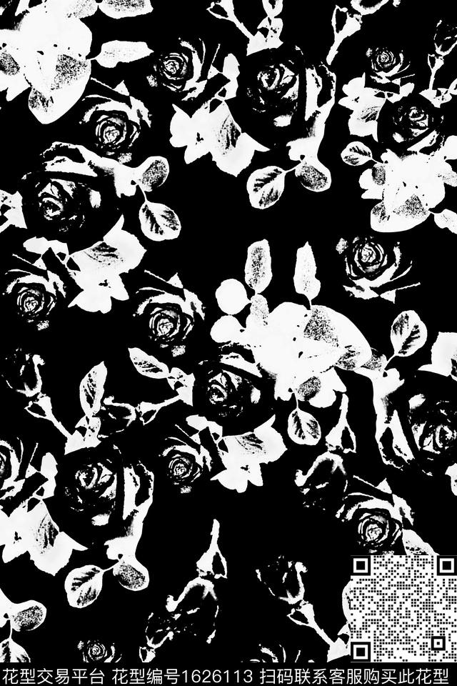 黑白华亿平台花卉抽象花卉数码印花华亿平台下载（图片编号: 1626113） - 瓦栏（Walan）