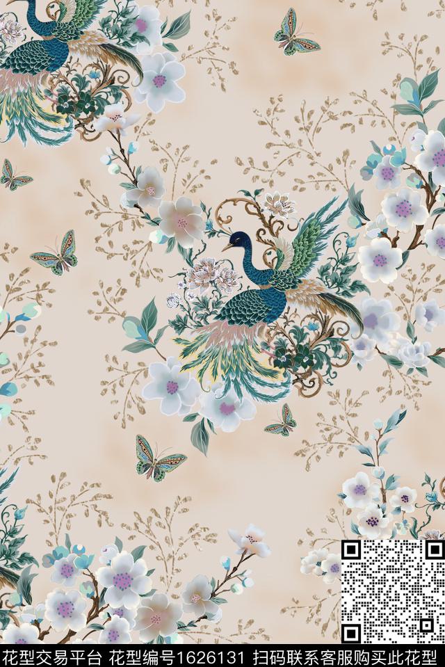 中国风蝴蝶花鸟数码印花华亿平台下载（图片编号: 1626131） - 瓦栏（Walan）