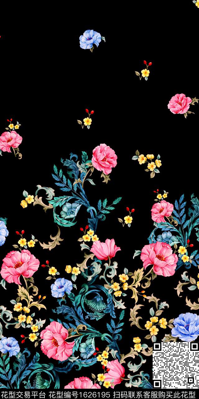 定位花黑底花卉花卉数码印花华亿平台下载（图片编号: 1626195） - 瓦栏（Walan）