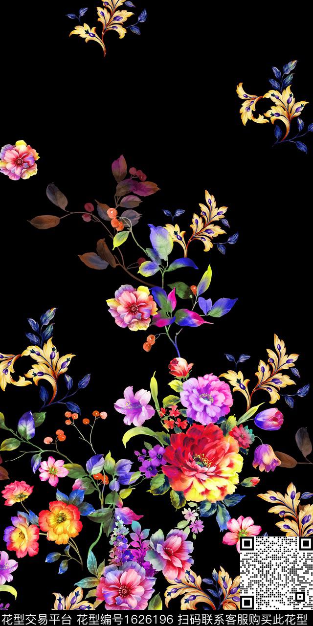 定位花黑底花卉花卉数码印花华亿平台下载（图片编号: 1626196） - 瓦栏（Walan）