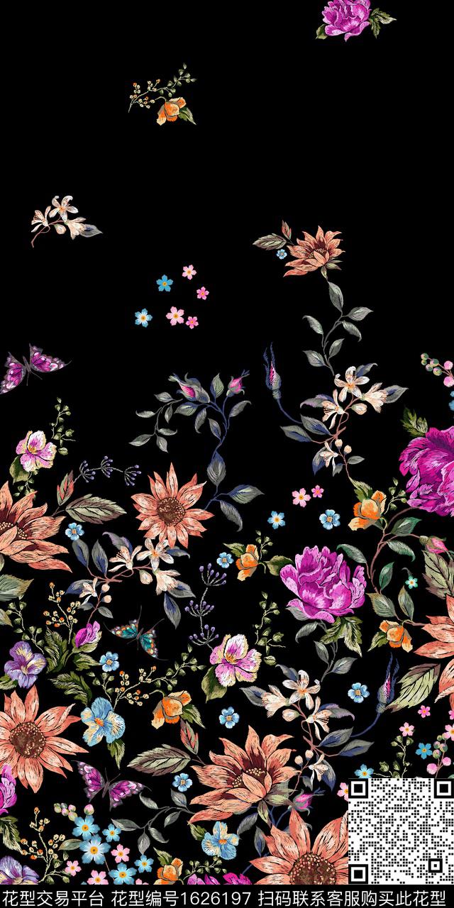 定位花黑底花卉花卉数码印花华亿平台下载（图片编号: 1626197） - 瓦栏（Walan）