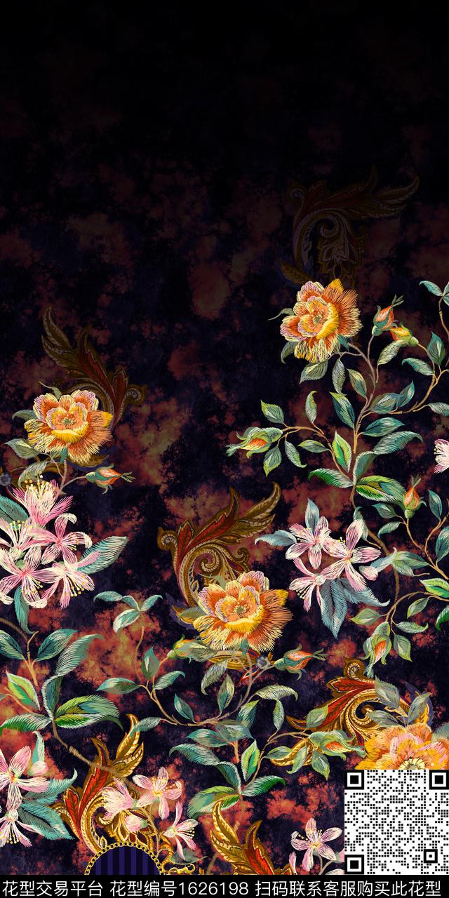 定位花黑底花卉花卉数码印花华亿平台下载（图片编号: 1626198） - 瓦栏（Walan）