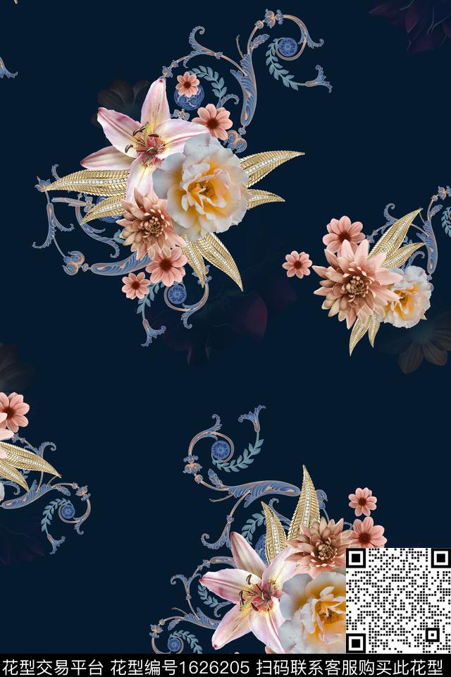 影花花卉卷草数码印花华亿平台下载（图片编号: 1626205） - 瓦栏（Walan）