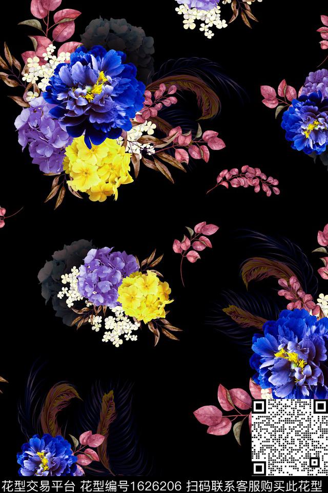 影花黑底花卉花卉数码印花华亿平台下载（图片编号: 1626206） - 瓦栏（Walan）