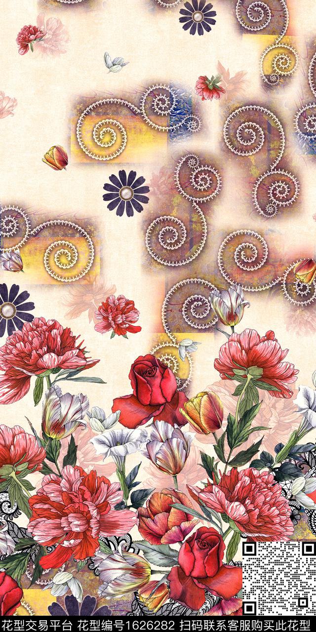 定位花花卉玫瑰花数码印花华亿平台下载（图片编号: 1626282） - 瓦栏（Walan）