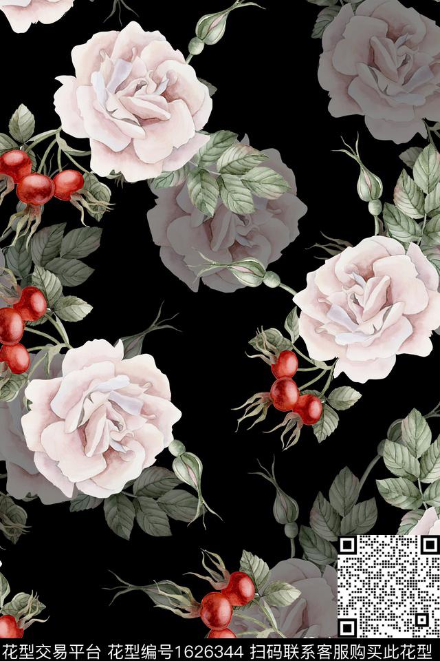花卉黑底花卉影花数码印花华亿平台下载（图片编号: 1626344） - 瓦栏（Walan）
