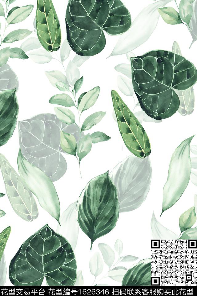热带叶子水彩数码印花华亿平台下载（图片编号: 1626346） - 瓦栏（Walan）
