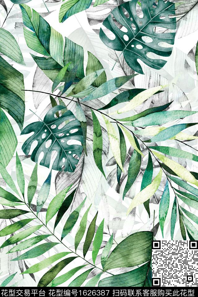 热带水彩绿植树叶数码印花华亿平台下载（图片编号: 1626387） - 瓦栏（Walan）