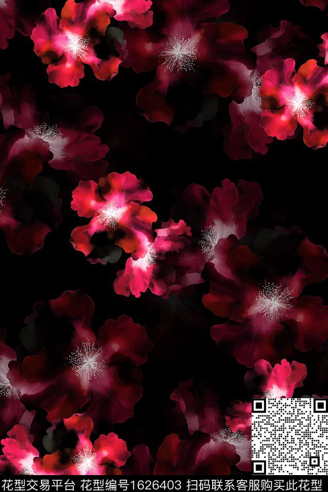 花卉黑底花卉雍容华贵数码印花华亿平台下载（图片编号: 1626403） - 瓦栏（Walan）
