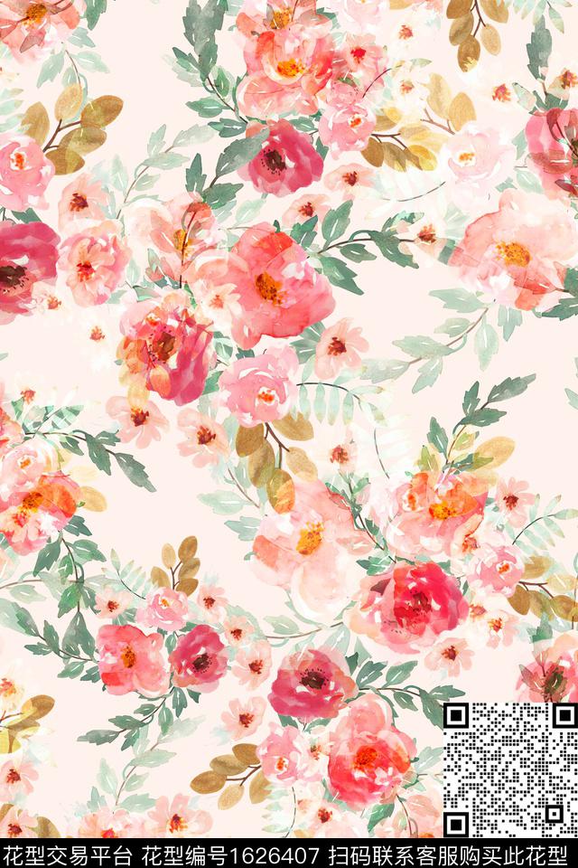 影花水彩花卉花卉数码印花华亿平台下载（图片编号: 1626407） - 瓦栏（Walan）