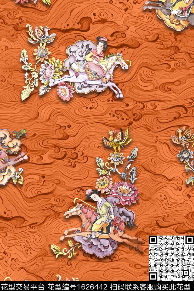 马中国风人物数码印花华亿平台下载（图片编号: 1626442） - 瓦栏（Walan）