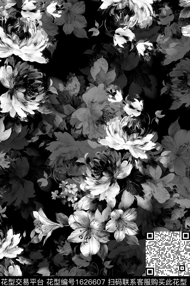 黑底花卉花卉水彩花卉数码印花华亿平台下载（图片编号: 1626607） - 瓦栏（Walan）