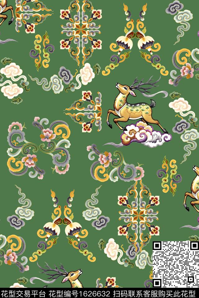 中国风瑞兽旗袍数码印花华亿平台下载（图片编号: 1626632） - 瓦栏（Walan）